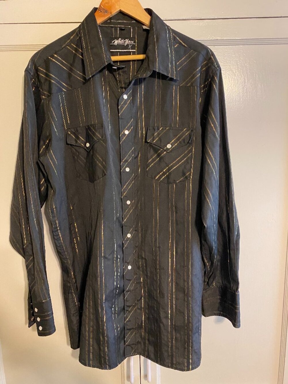 WHITE HORSE VINTAGE Black Gold Foil Western Cowboy Pearl Snap Shirt Mens XL